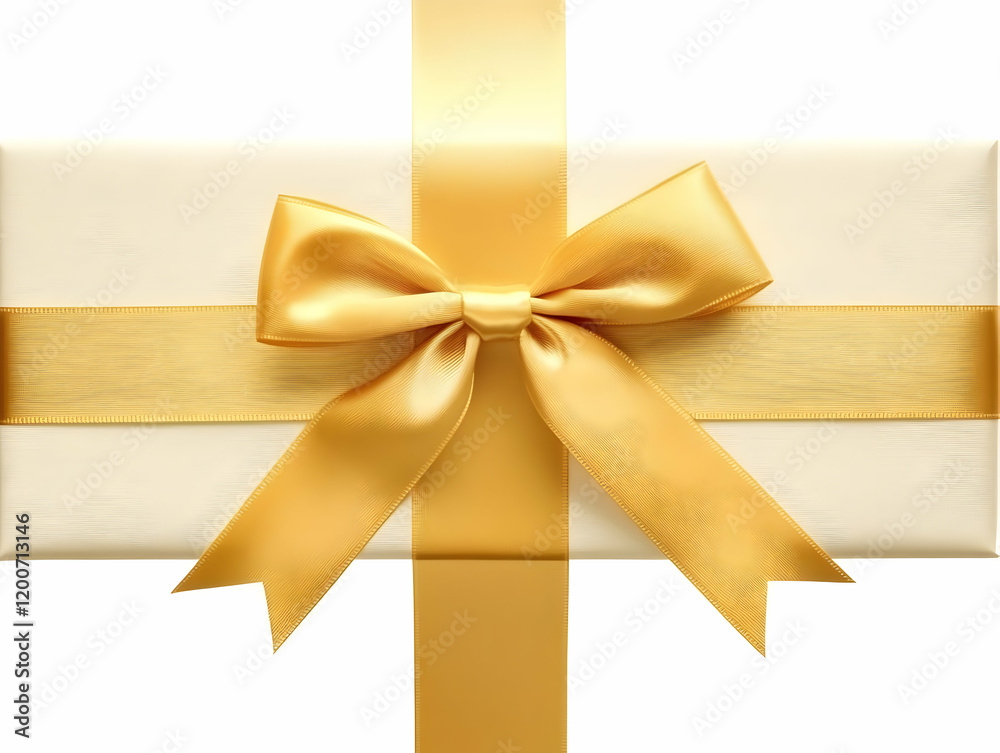 Elegant Gift Box Wrapped with a Golden Ribbon and Bow on White Background Elegant Gift Box Wrapped with a Golden Ribbon and Bow on White Background