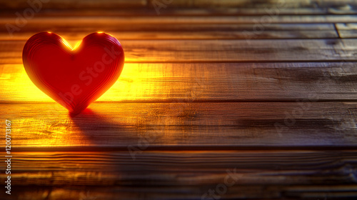 A beautiful glowing heart placed on a wood valentines day background photo