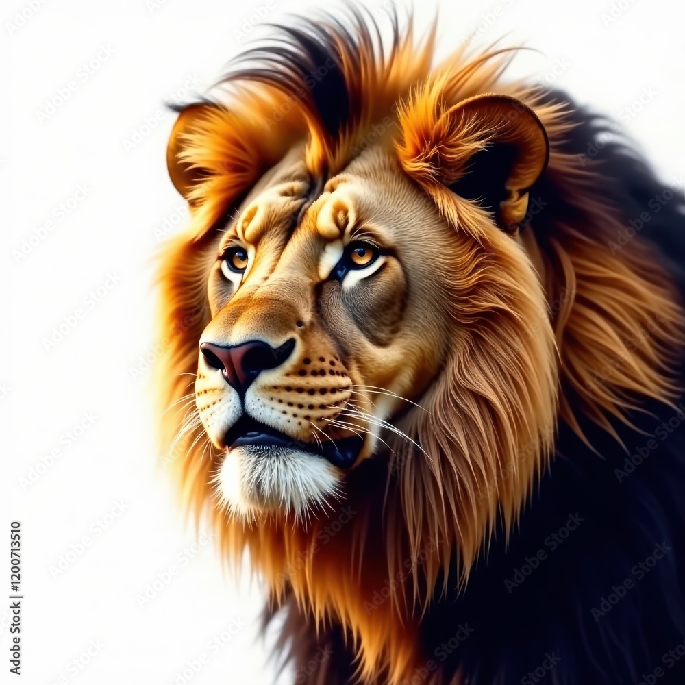 Powerful lion's face with a fierce gaze and thick coat of hair, majestic, fur Powerful lion's face with a fierce gaze and thick coat of hair, majestic, fur