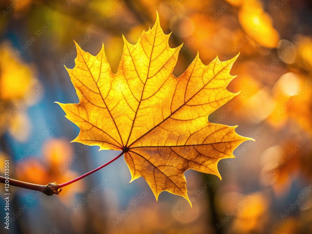 Close-up macro reveals a single, glowing golden maple leaf, its autumn splendor captured. Close-up macro reveals a single, glowing golden maple leaf, its autumn splendor captured.