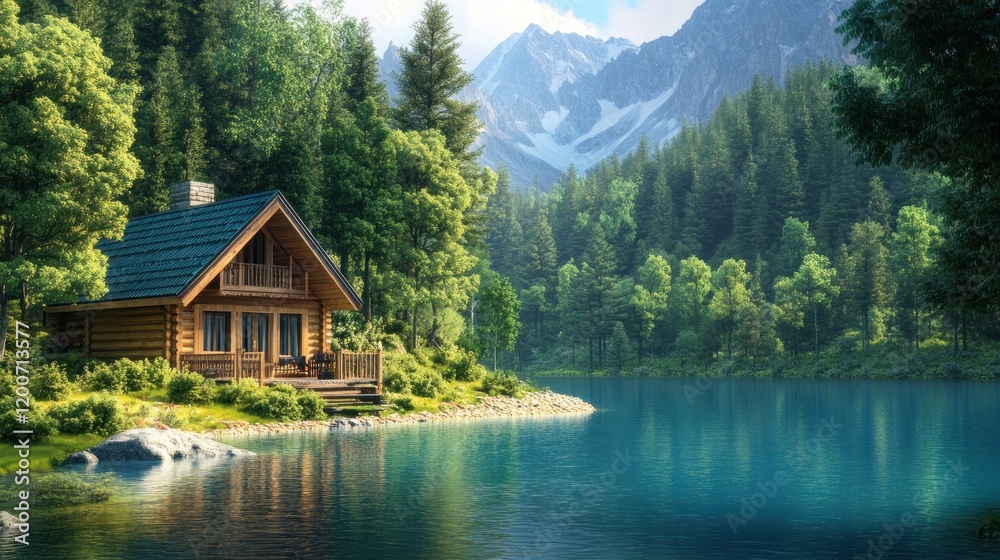 Fototapeta premium Secluded Log Cabin by a Tranquil Lake in the Mountains