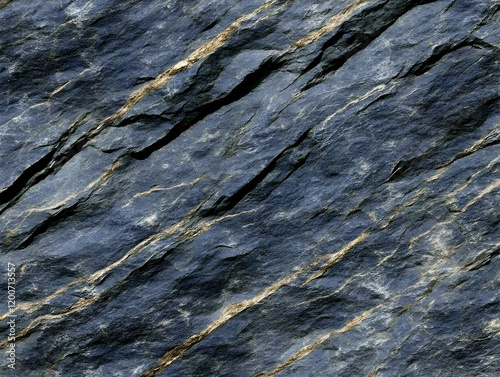 Dark Blue Rock Formation with Gold Veins Shows Natural Beauty of Geology and Minerals