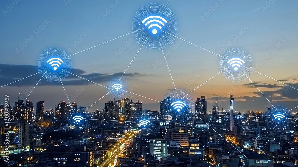 Naklejka premium A futuristic smart city with illuminated skyscrapers and interconnected nodes visualizing digital connectivity
