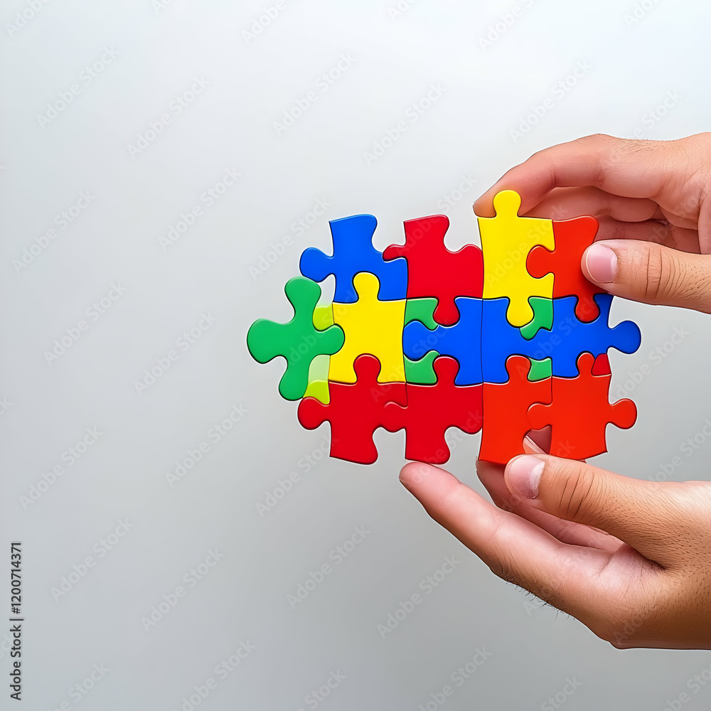 Hands Joining Colorful Puzzle Pieces Together on a White Background Hands Joining Colorful Puzzle Pieces Together on a White Background