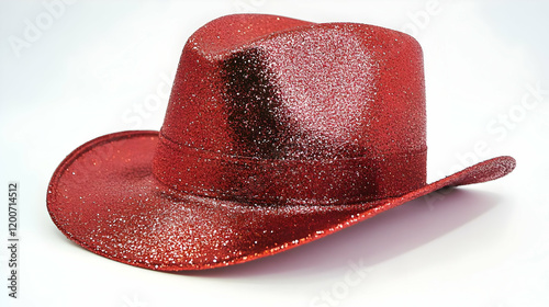 Red Glittery Cowboy Hat Shines Brightly on a White Background in a Close-Up Studio Shot photo