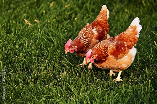 Two brown hens foraging in ...