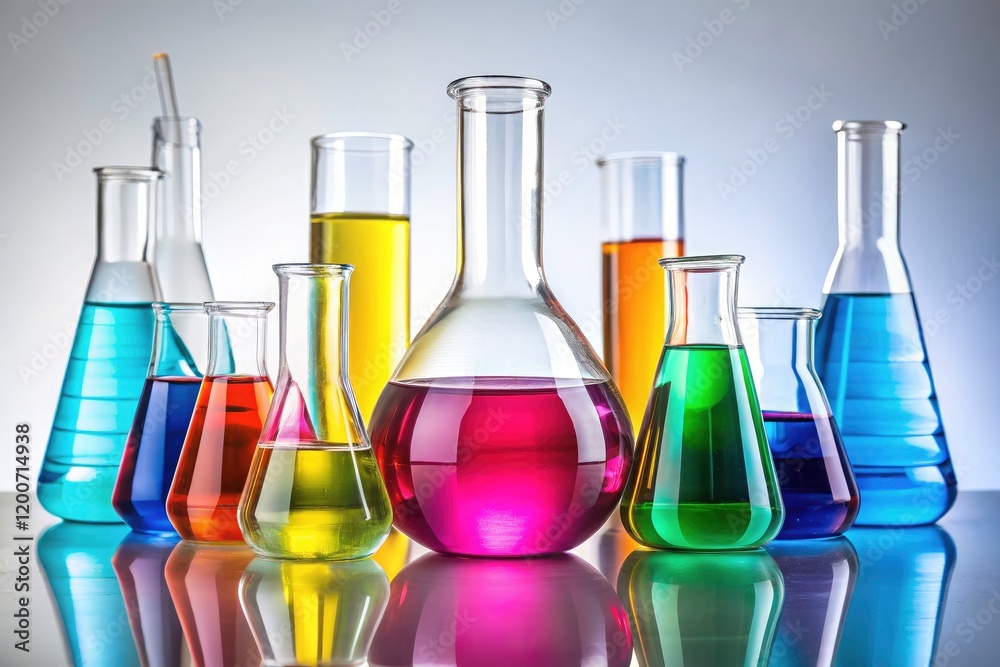 Colorful science lab flasks showcase vibrant liquids, perfect for chemistry photography backgrounds. Colorful science lab flasks showcase vibrant liquids, perfect for chemistry photography backgrounds.