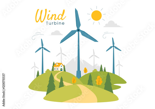 Wind Turbine Vector Illustration Featuring a Sustainable and Renewable Energy Concept with a Green Nature Landscape and Mountain Background