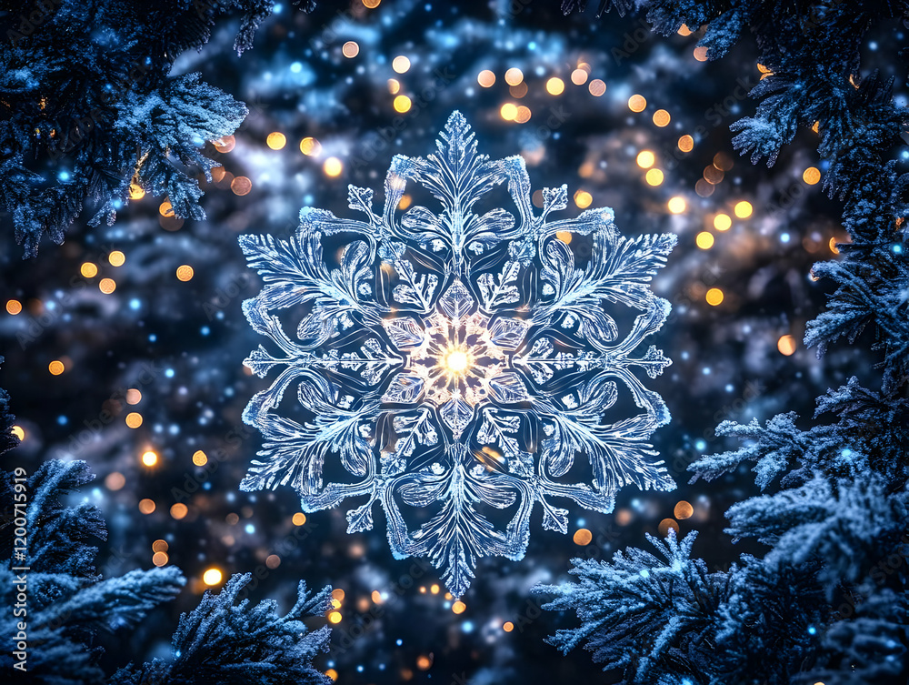 Fototapeta premium Intricate Snowflake Glows Amongst Snowy Pine Branches and Festive Lights
