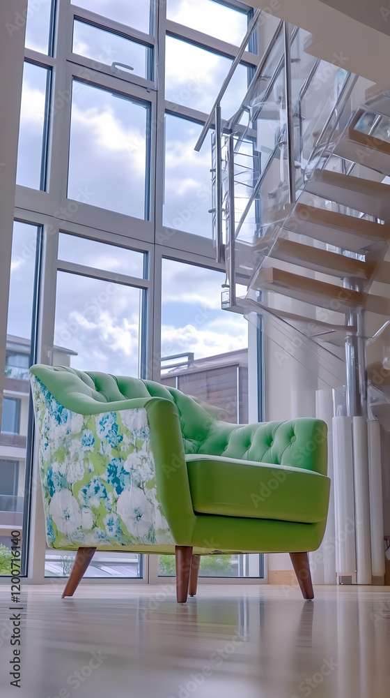 Green Armchair Sits by a Window with a Spiral Staircase and View of the Sky Green Armchair Sits by a Window with a Spiral Staircase and View of the Sky