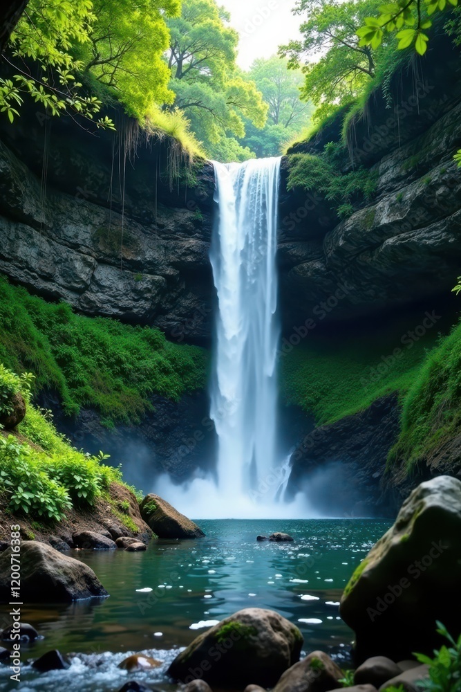 Fototapeta premium Serene waterfall cascading through dense foliage, nature, greenery