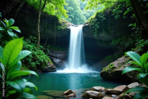 Serene waterfall flows through dense jungle undergrowth, flowing, waterfall
