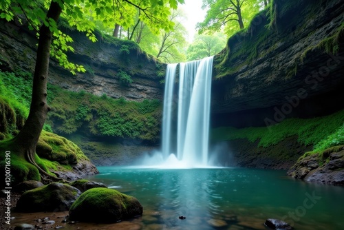 Serene waterfall cascading through dense forest canopy , greenery, peaceful