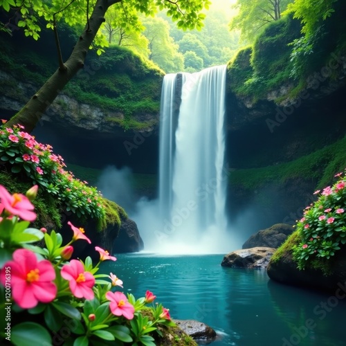 Serene waterfall surrounded by green foliage and vibrant flowers, flowers, foliage