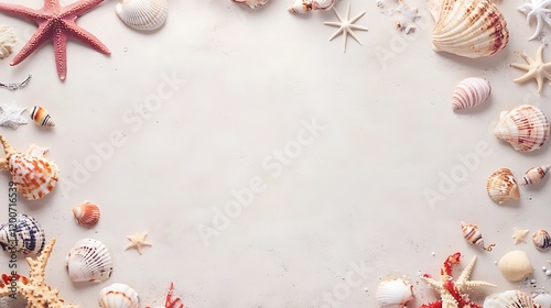 Fototapeta Naklejka Na Ścianę i Meble -  Seashells and Starfish Frame Summer Ocean Decor