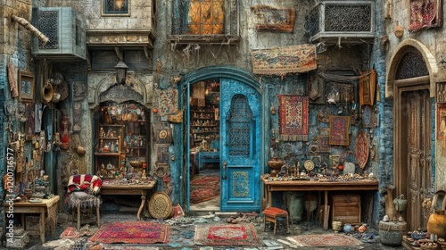Antique shop alley, Middle Eastern market, vibrant rugs, goods displayed, travel destination