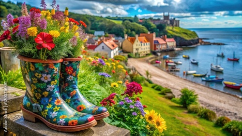 Welly Boot Garden in East Neuk of Fife, Scotland - A Colorful Display of Recycled Gardening and Coastal Charm