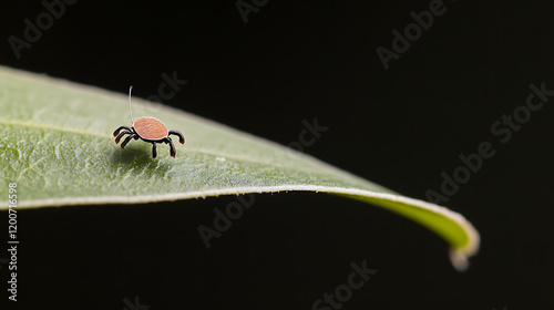 Close-up of a tick crawling on a leaf. Cope space photo