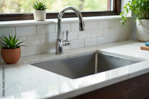 Single-bowl undermount sink with chrome faucet and ceramic tile backsplash, wall-mounted fixtures, modern bathroom