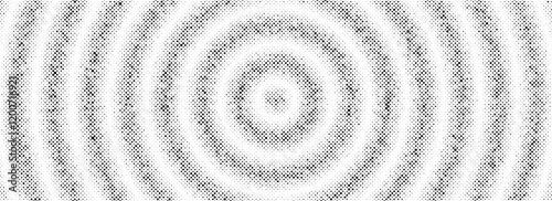Black radial halftone circles. Dotted sound wave rings. Stippled epicenter, target, radar icon concept. Ripple concentric signal vibration element. Vector round dashed and dotted gradient pattern