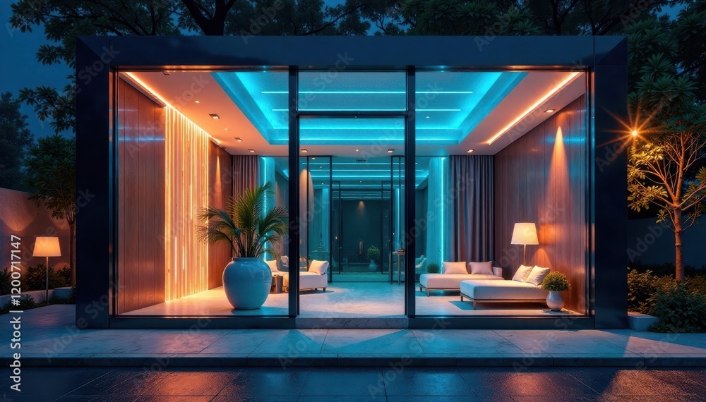 Fototapeta premium Sleek glass fa?ade with LED lights and metallic accents , sleek design, contemporary style