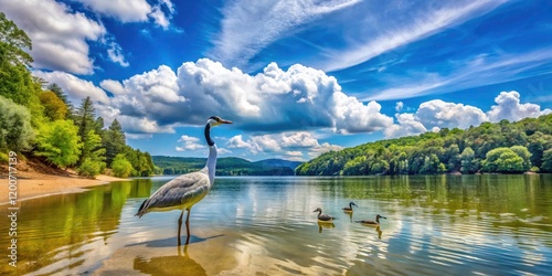 Serene Lake Allatoona: Heron and Canadian Geese Amidst Lush Greenery photo