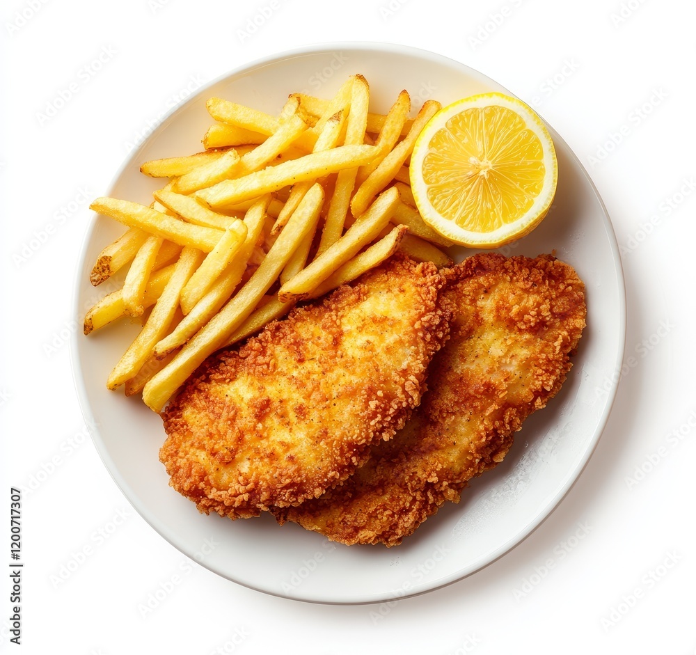 Crispy fried fish fillets served with golden french fries and lemon wedge on a white plate. Crispy fried fish fillets served with golden french fries and lemon wedge on a white plate.