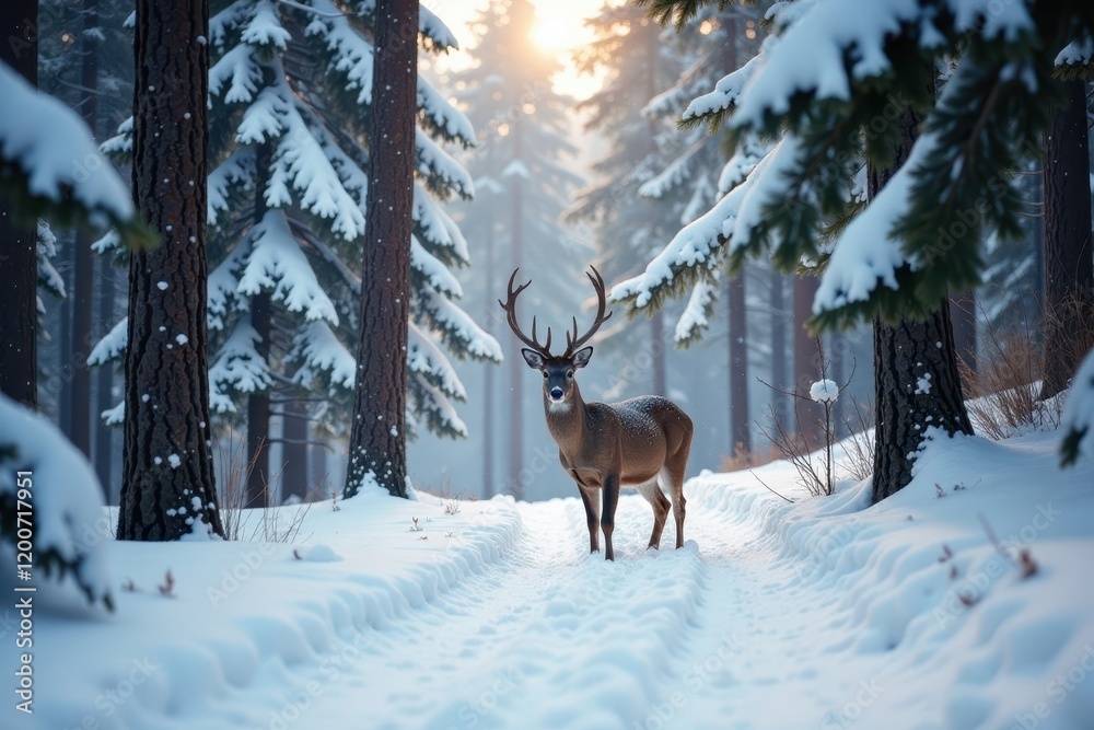 Snowy forest deer surrounded by tall evergreen trees, snow, winter Snowy forest deer surrounded by tall evergreen trees, snow, winter