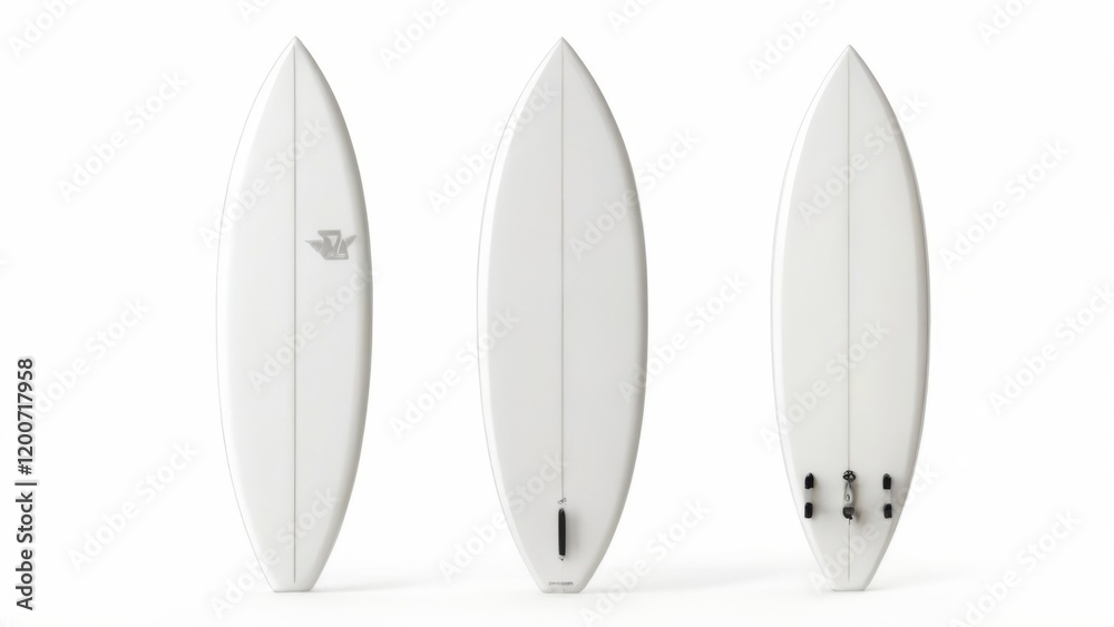 New White Surfboards in Triangular Formation on White Background New White Surfboards in Triangular Formation on White Background