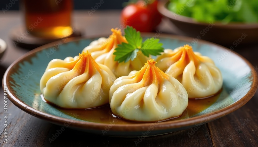 Soft, fluffy momos steamed on a ceramic plate, food, Asian Soft, fluffy momos steamed on a ceramic plate, food, Asian