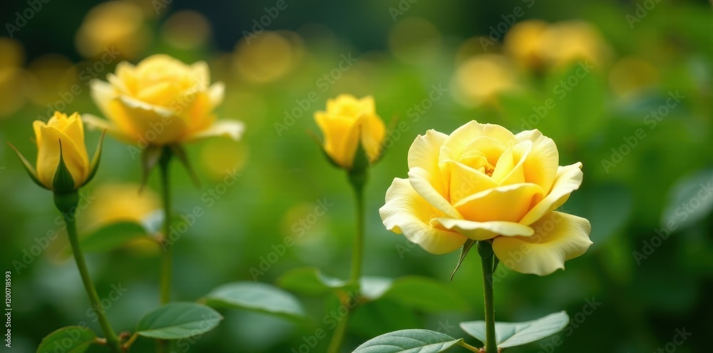 Soft petals of yellow roses in a garden, surrounded by lush greenery, flowers, foliage Soft petals of yellow roses in a garden, surrounded by lush greenery, flowers, foliage