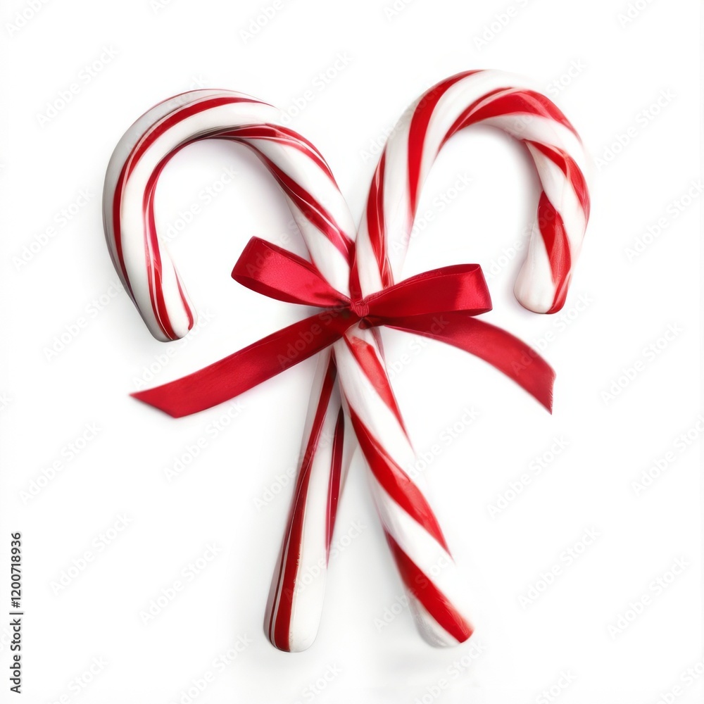 Candy canes with red ribbon bow on white background, one curved with stripes, one straight with red and white stripes. Candy canes with red ribbon bow on white background, one curved with stripes, one straight with red and white stripes.