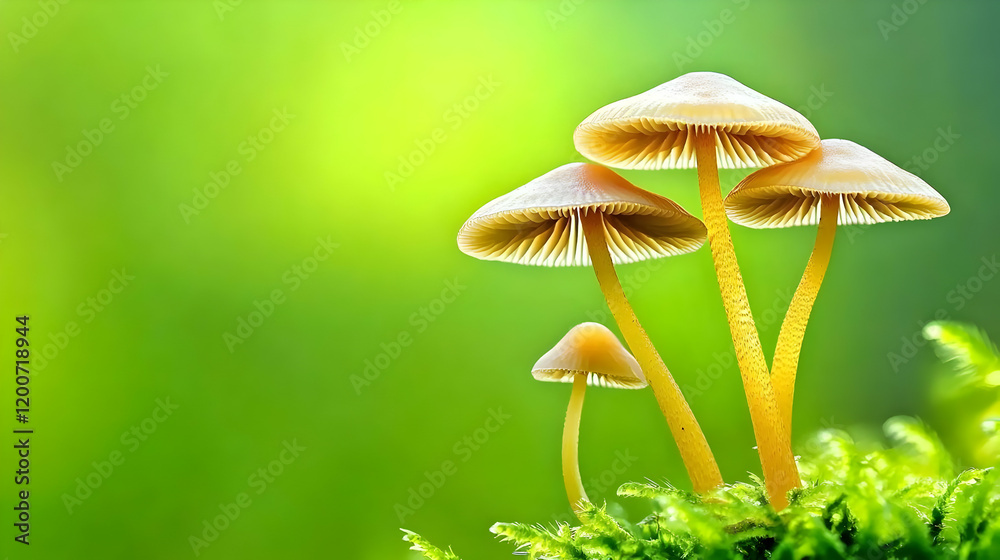 Tiny Mushrooms Thrive on Vibrant Green Moss in Nature's Embrace with Sunlight