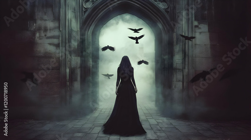 Woman in Black Dress Walks ...