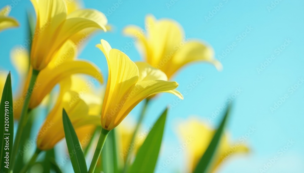 Obraz premium Softly glowing yellow trumpet-shaped flowers against blue sky , sunny, sunflower