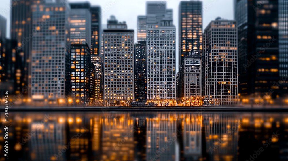 Fototapeta premium Cityscape Reflections Evening Lights on Skyscrapers