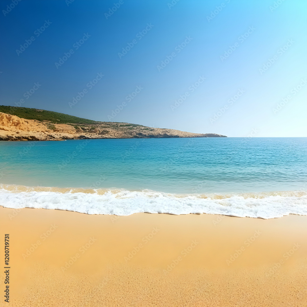 Scenic Coastal Landscape with Turquoise Water Gently Lapping Sandy Shore and Clear Blue Sky with Distant Hills in Summer