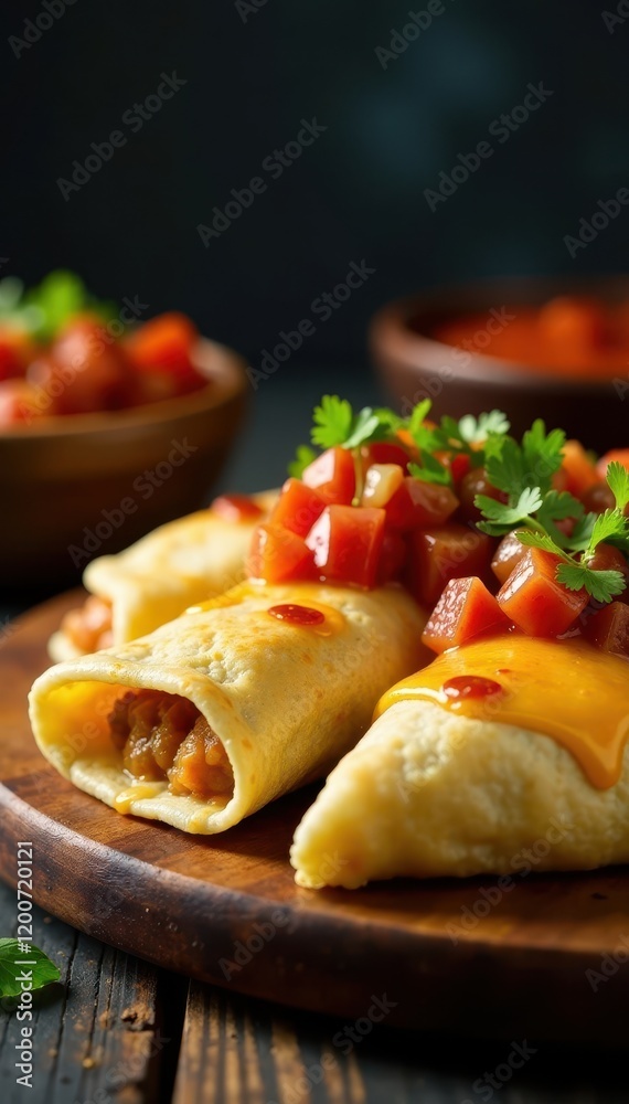 Steaming hot pupusas with melted cheese and salsa on a wooden board , tablecloth, Latin American food Steaming hot pupusas with melted cheese and salsa on a wooden board , tablecloth, Latin American food
