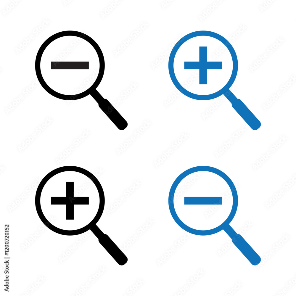 Magnifying Glass Icons with Plus and Minus Symbols for Zoom Actions Magnifying Glass Icons with Plus and Minus Symbols for Zoom Actions
