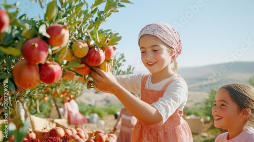 smiling children picking ripe pomegranates from a tree in an orchard under a bright blue sky, celebrating Tu BiShvat with joy and connection to nature.