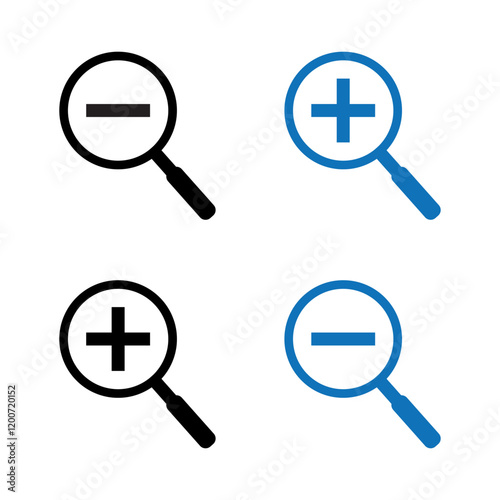 Magnifying Glass Icons with Plus and Minus Symbols for Zoom Actions