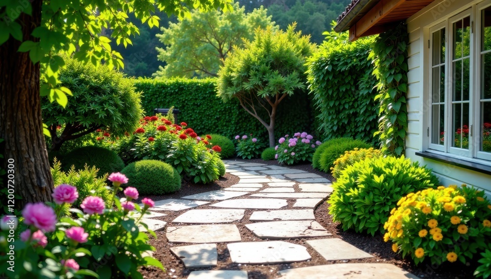 Stone patio surrounded by lush greenery and vibrant flowers, serenity, garden Stone patio surrounded by lush greenery and vibrant flowers, serenity, garden