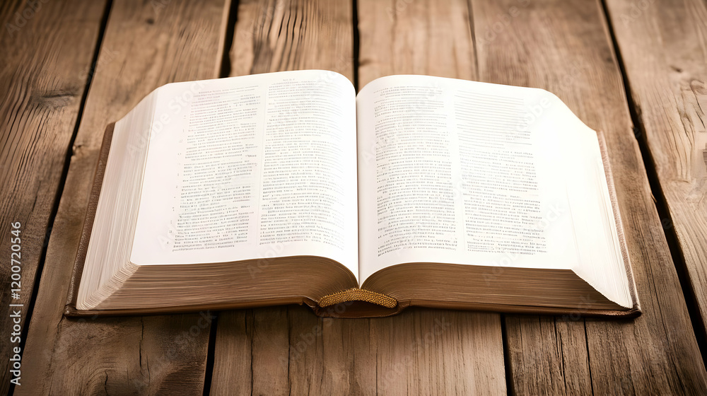 Open Book Lies on Rustic Wooden Table, Showcasing Text and Binding Details. Open Book Lies on Rustic Wooden Table, Showcasing Text and Binding Details.