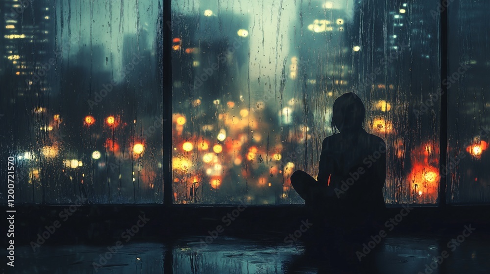 Lone Figure Sitting by a Window on a Rainy Night Lone Figure Sitting by a Window on a Rainy Night