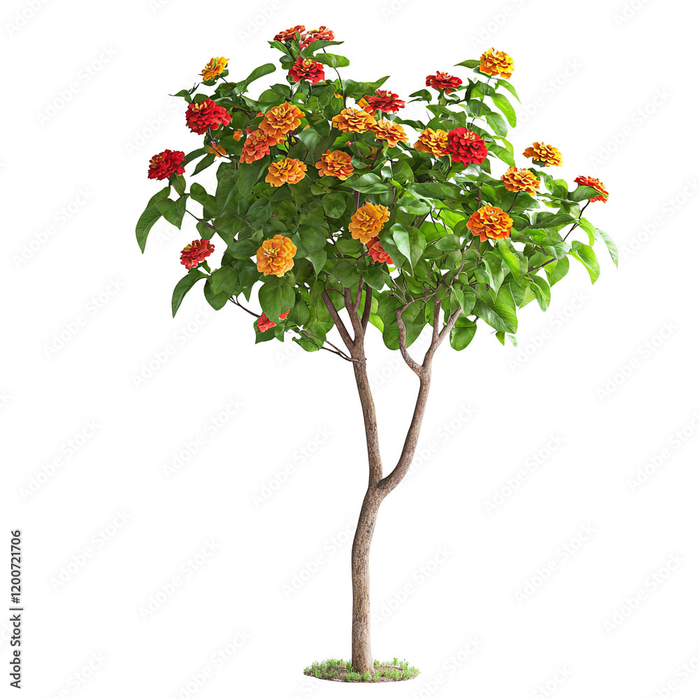 Fototapeta premium Vibrant Zinnia Flowers on Tree with Green Leaves and Bright Colors
