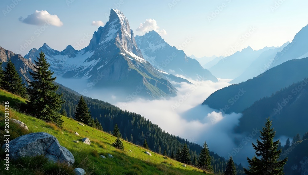 Towering mountain peaks meet misty valley landscape, landscape, fog Towering mountain peaks meet misty valley landscape, landscape, fog
