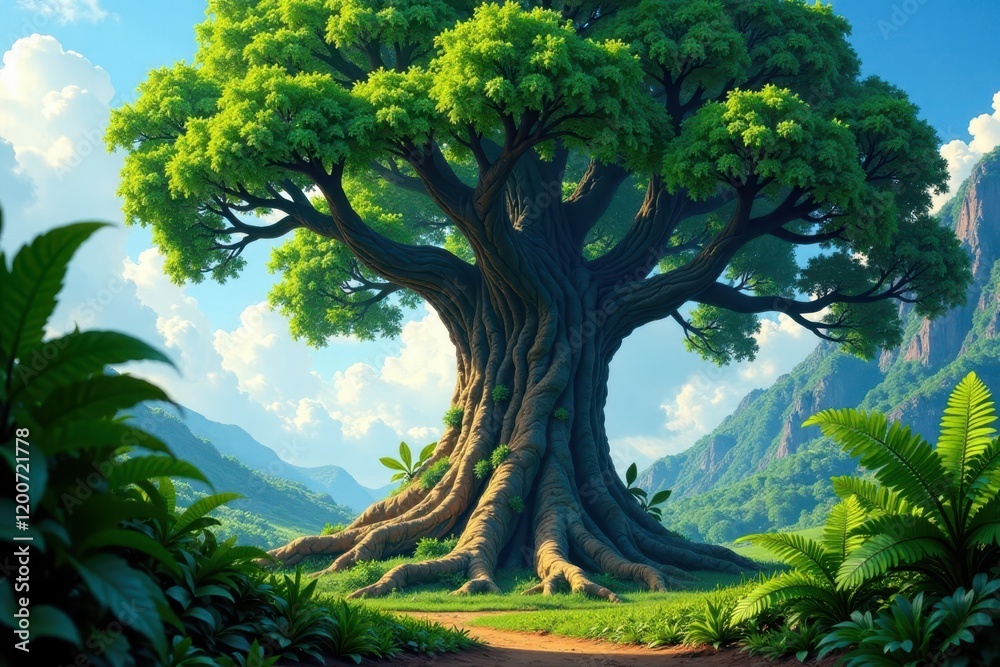 Fototapeta premium Towering tree with aerial roots and giant ferns, forest floor, giant ferns