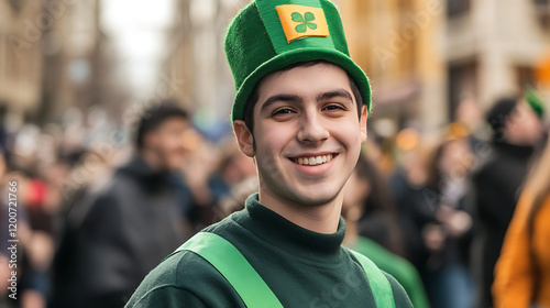 Smiling young man in green outfit with leprechaun hat during festive St. Patrick's Day parade photo