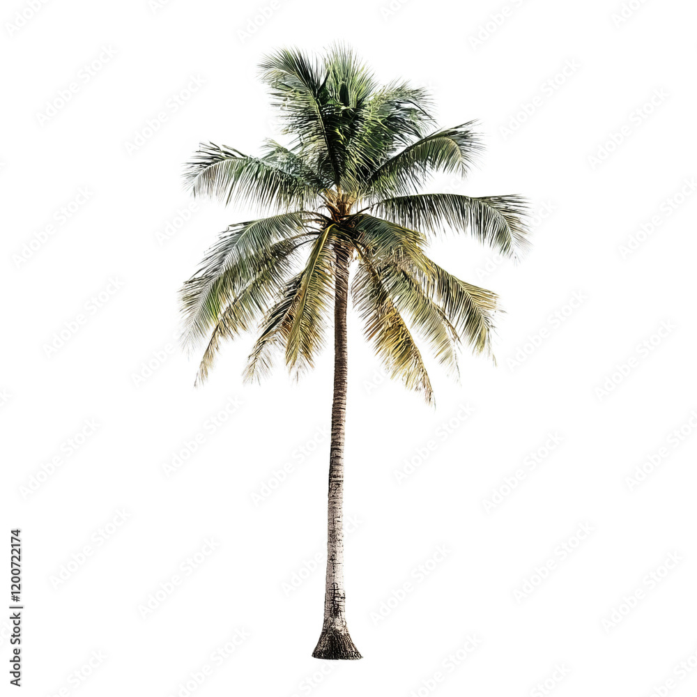 Obraz premium Single Tall Palm Tree with Lush Green Leaves Isolated on White Background