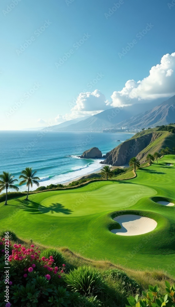 Fototapeta premium Tranquil golf course overlooking Pacific Ocean, golf course, la jolla
